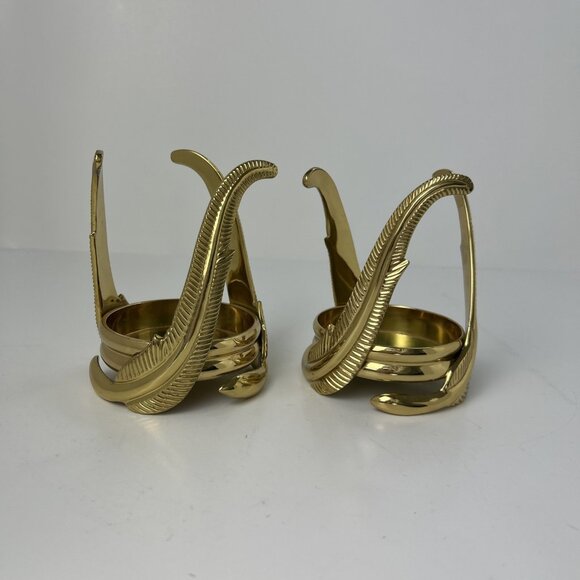 2 Partylite Brass Feather Votive Pillar Candle Holders 5" Tall x 3.75" Vintage - Picture 1 of 6